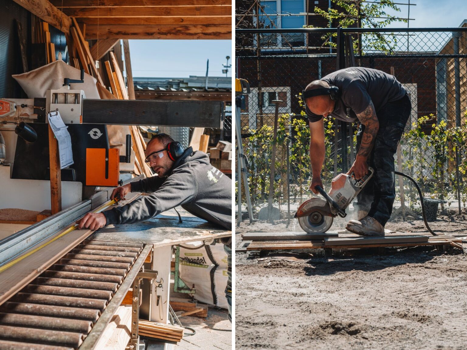 Hout op maat zagen in de eigen zagerij en een stratenmaker aan het werk